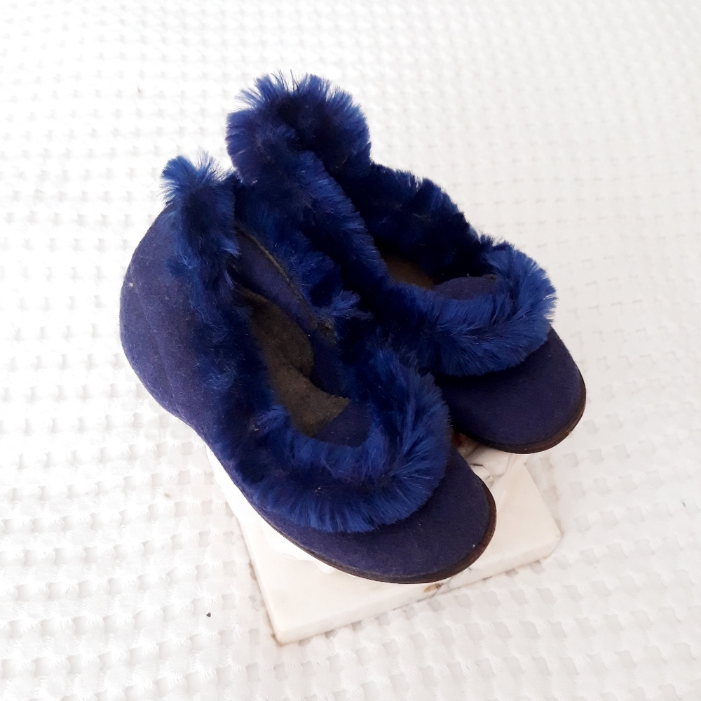 Vintage 1920's Children's Bed Slippers Blue Felt Wool Chenille Trim Wooden Sole - Picture 12 of 12